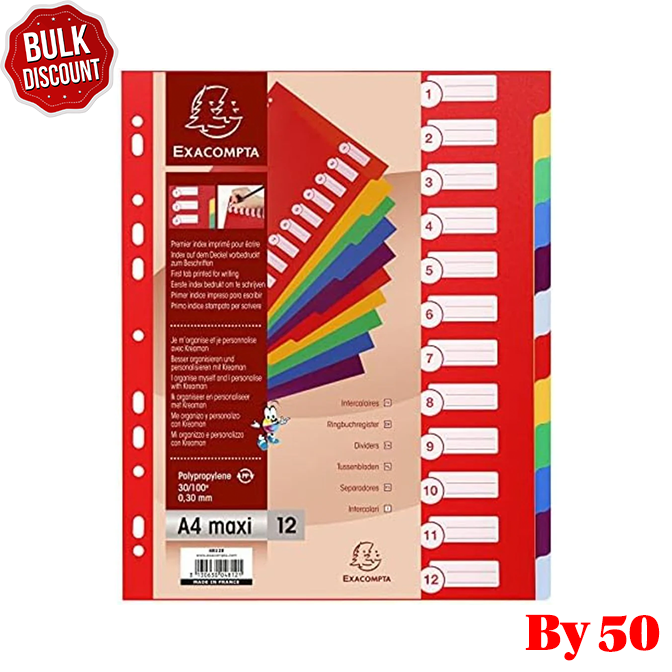 BULK DISCOUNT: Box with 50 Packets of 12 Plastic Dividers (Exacompta)